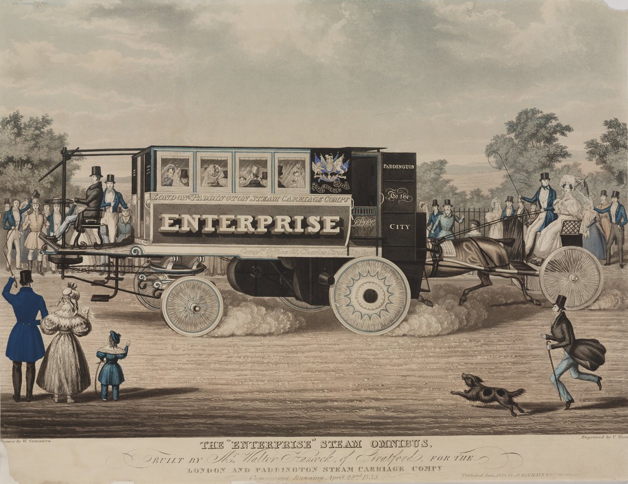 O Enterprise Steam Omnibus, construído pelo Sr. Walter Hancock de Stratford, para a London and Paddington Steam Carriage Company, gravado por C. Hunt, 1833 de W. Summers