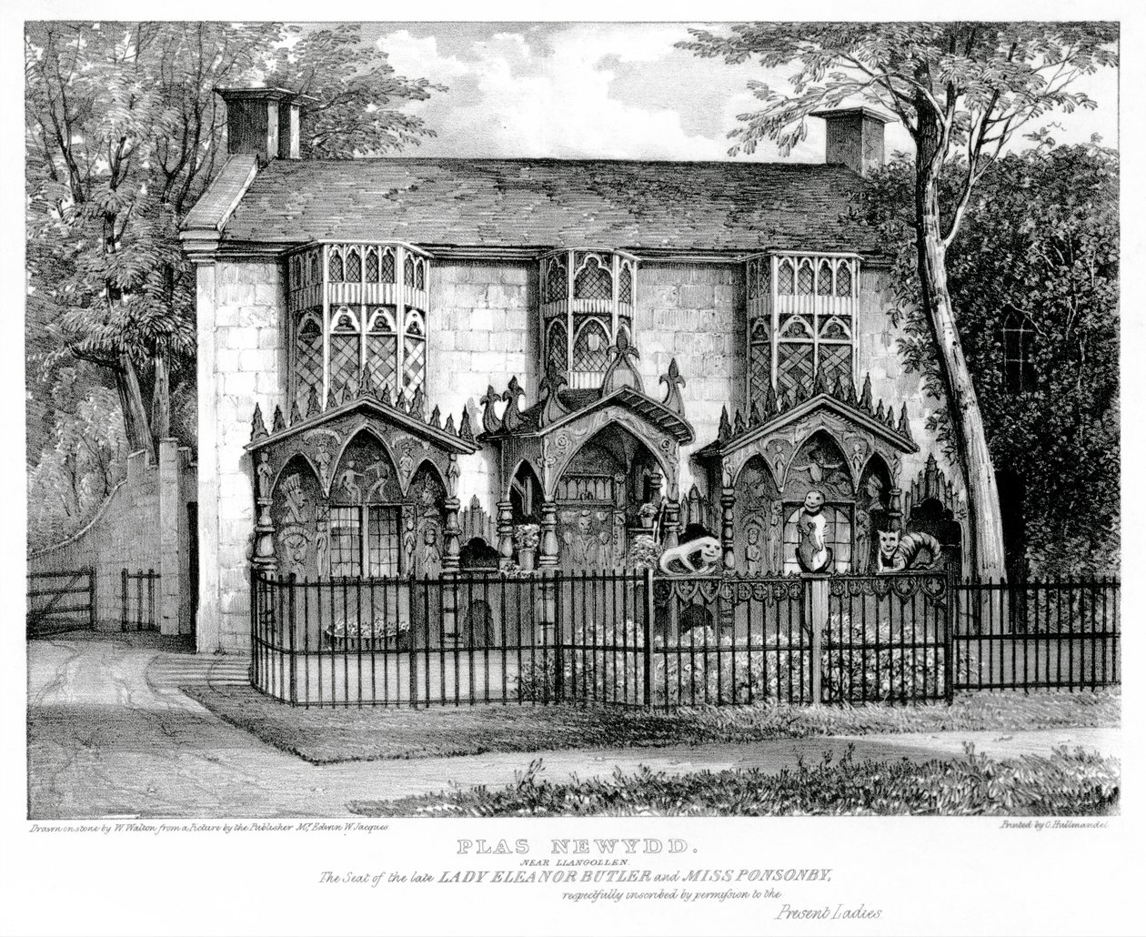 Plas Newydd, perto de Llangollen, sede da falecida Lady Eleanor Butler (c.1745-1829) e Miss Sarah Ponsonby (d.1831), impresso por Charles Joseph Hullmandel (1789-1850) de W. after Walton