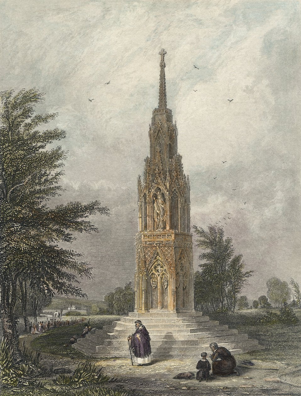 Waltham Cross, c.1820 (gravura colorida à mão) de W.B Clarke