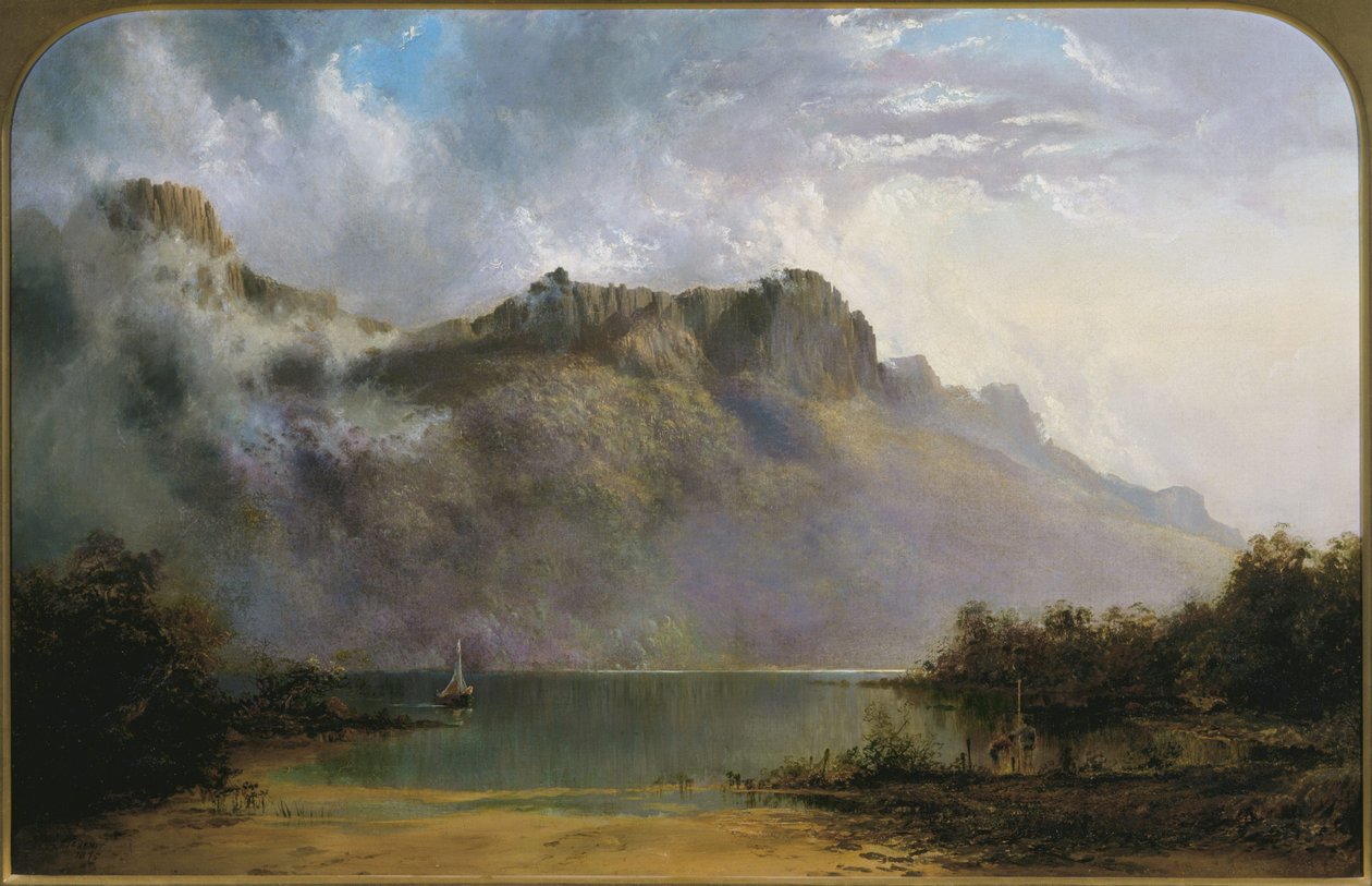 Monte olympus, lago, st clair, tasmânia, a, fonte, de, a, Derwent de W.C. Piguenit