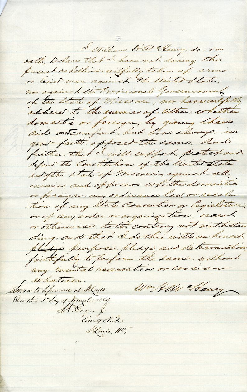 Juramento de lealdade de William H. McHenry do Missouri, condado de St. Louis de W.H. McHenry