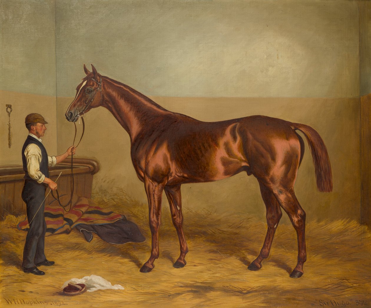 Sir Hugo aos três anos de idade mantido pelo noivo em um estábulo, c.1875-92 (óleo sobre tela) de W.H. Hopkins