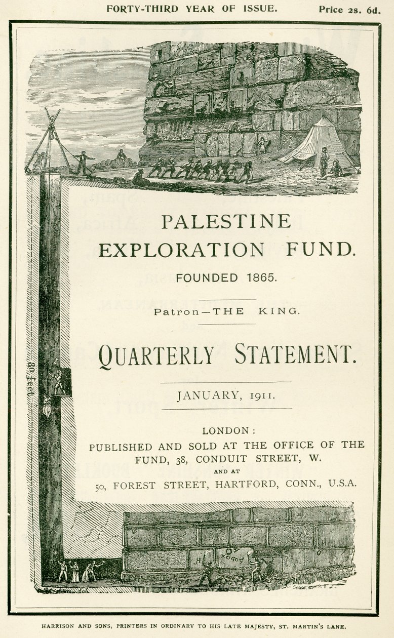 Frontispício representando as explorações realizadas pelo tenente Charles Warren e seus homens, perto da parede sul do Haram al Sharif, Jerusalém, da declaração trimestral da Exp Palestina de W.H. Simpson