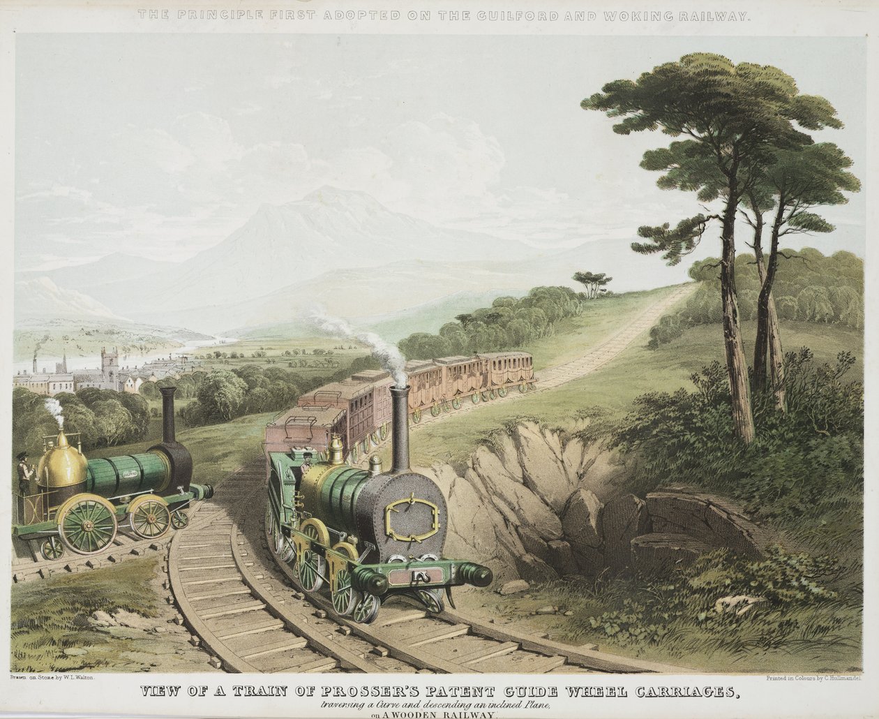 Vista, de, um, trem, de, Prossers, patente, guia, roda, carruagens, c.1845 de W.L. Walton