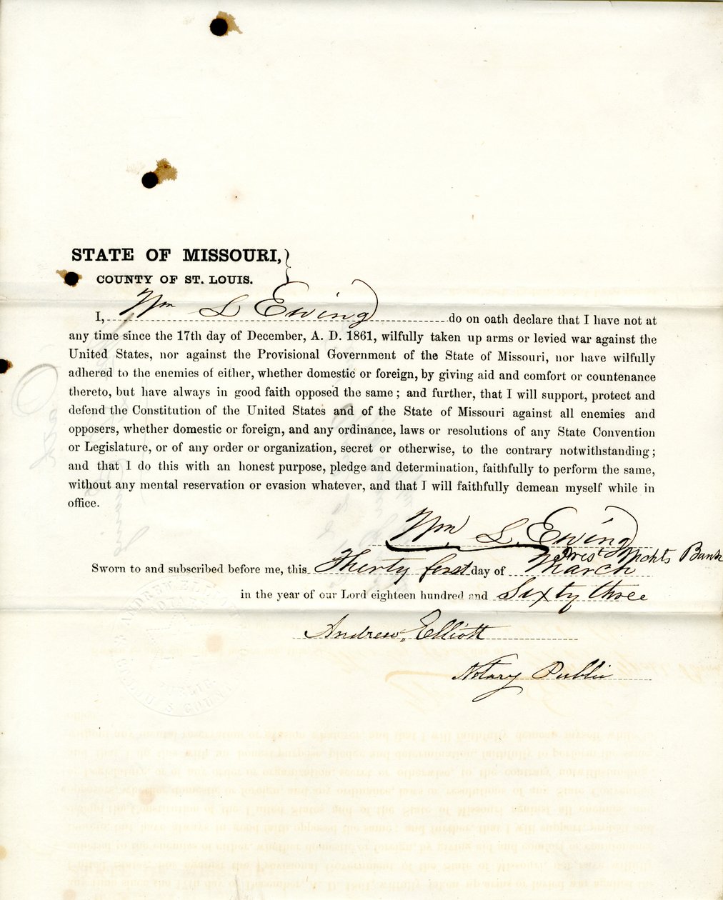 Juramento de lealdade de Wm. L. Ewing do Missouri, Condado de St. Louis de W.L. Ewing