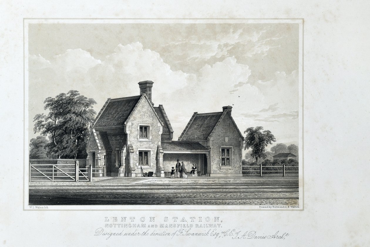 Estação de Lenton, Caminho de ferro de Nottingham e Mansfield, c.1848 (litografia tingida sobre papel) de W.L. Walton