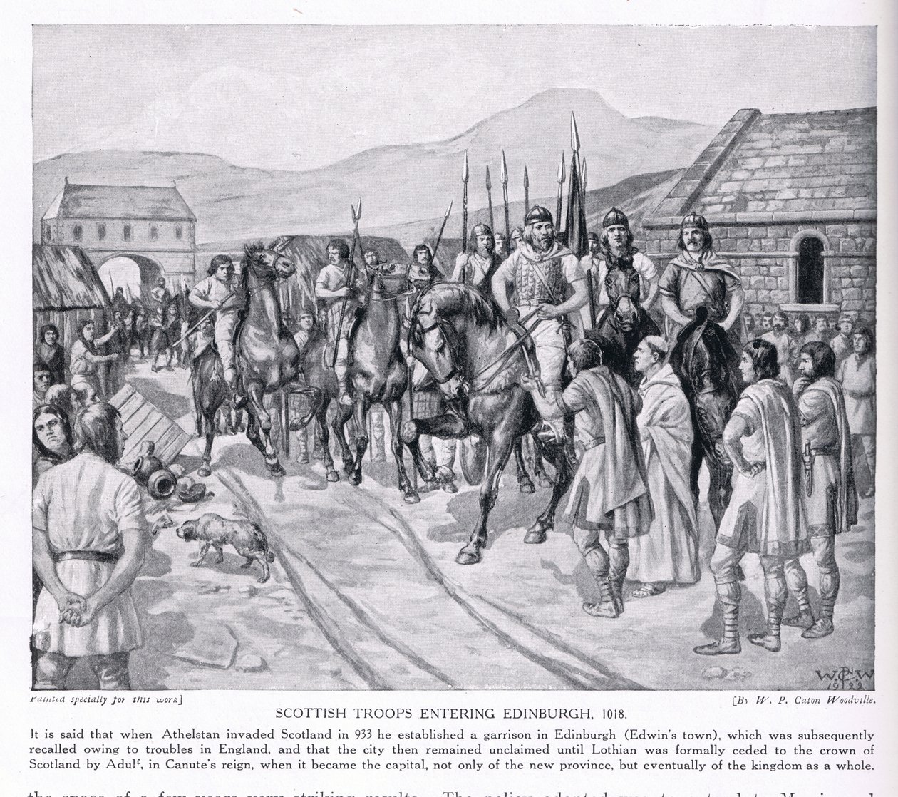 Tropas escocesas que entram Edimburgo AD1018, 1920 de W.P. Caton Woodville
