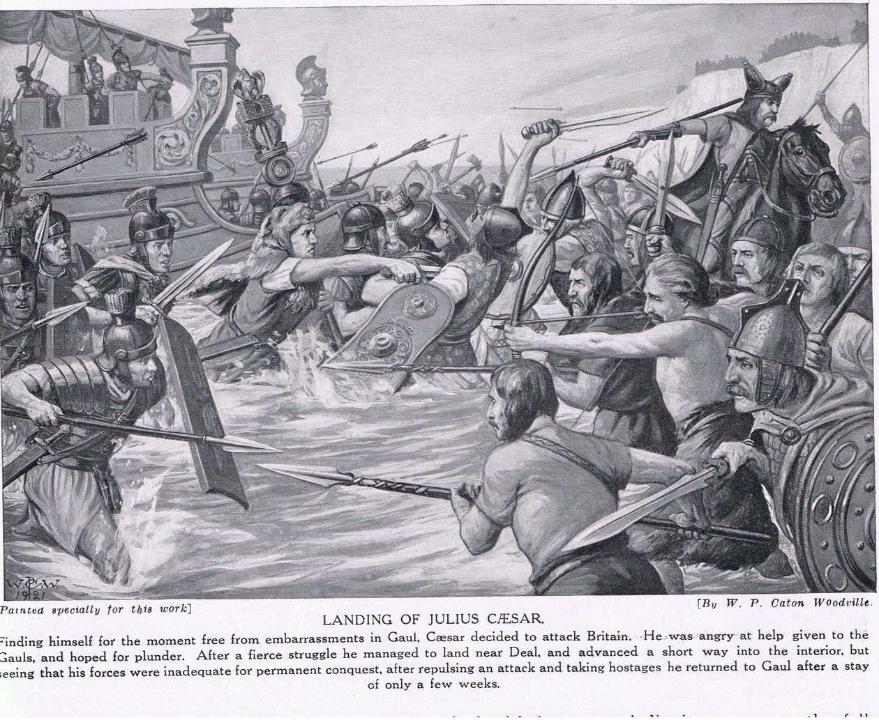 Desembarque de Júlio César, ilustração da &39;História das Nações de Hutchinson&39;, c.1910 de W.P. Caton Woodville