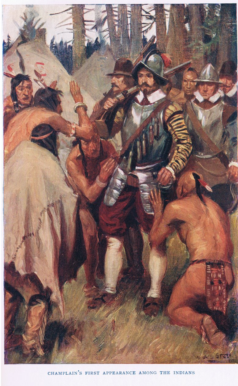 Primeira aparição de Champlain entre os índios, ilustração de &39;The Romance of Canada&39; de W.R.S. Stott