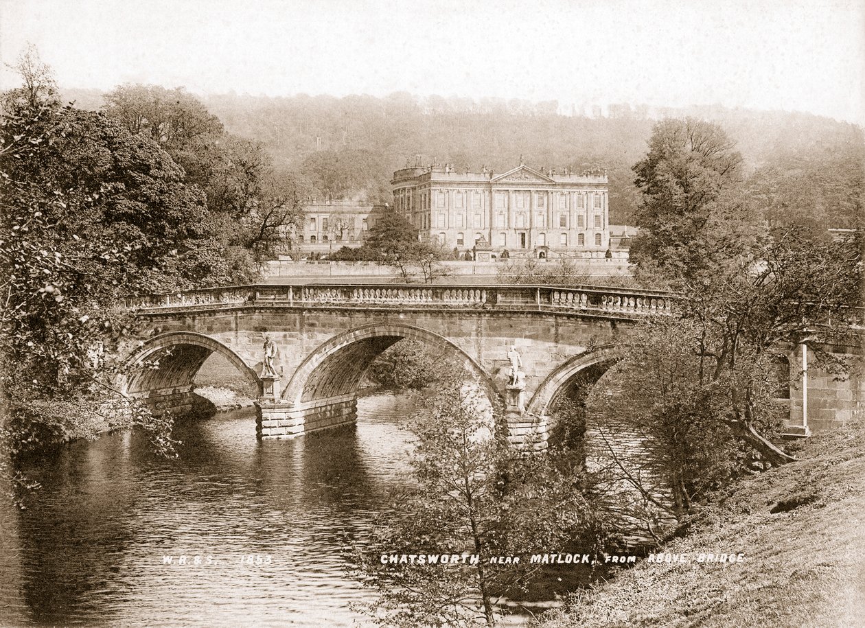 Chatsworth House e a ponte sobre o rio Derwent, Derbyshire, 1853 de WR and S
