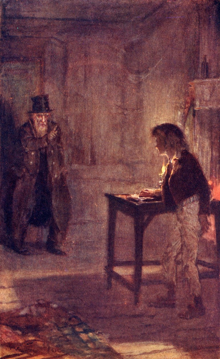 Fagin Warns Oliver, frontispício de &39;As Aventuras de Oliver Twist&39; de Charles Dickens de W.S. Stacey