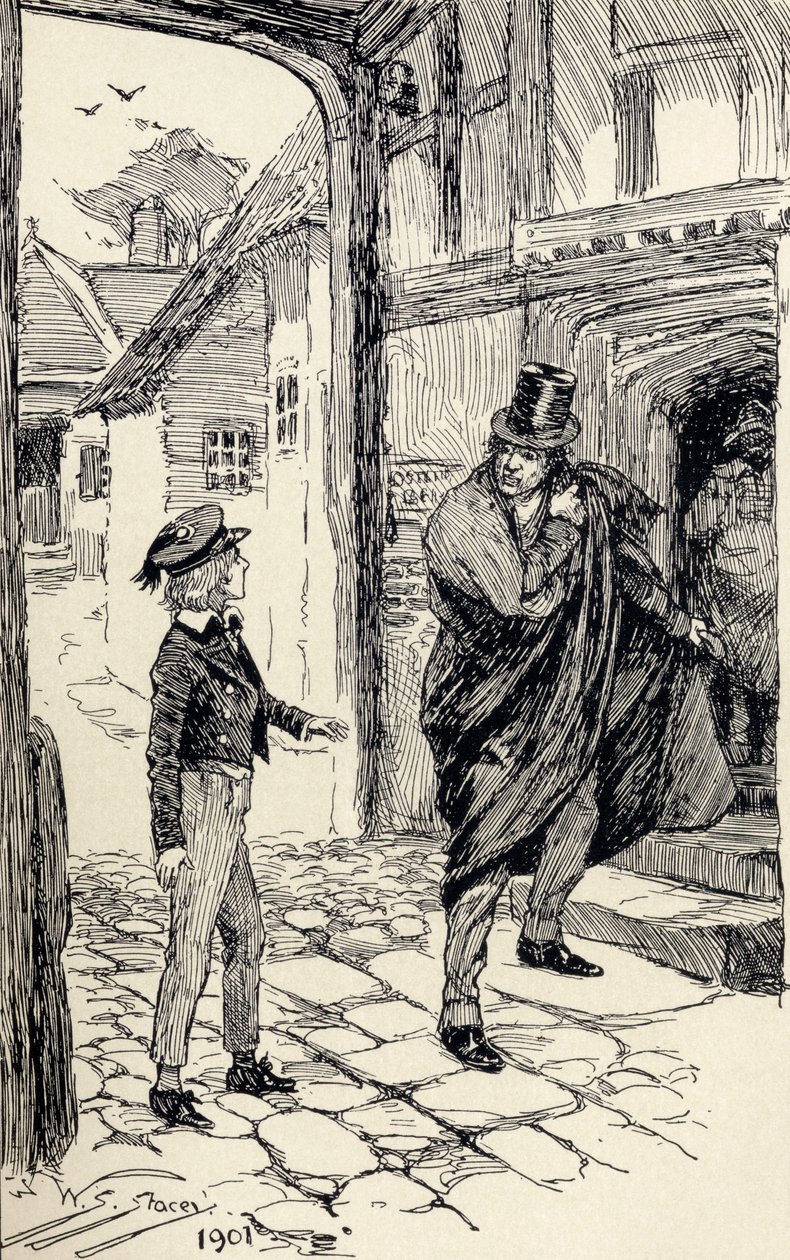 Oliver encontra um estranho misterioso, de "The Adventures of Oliver Twist", de Charles Dickens, 1901 de W.S. Stacey
