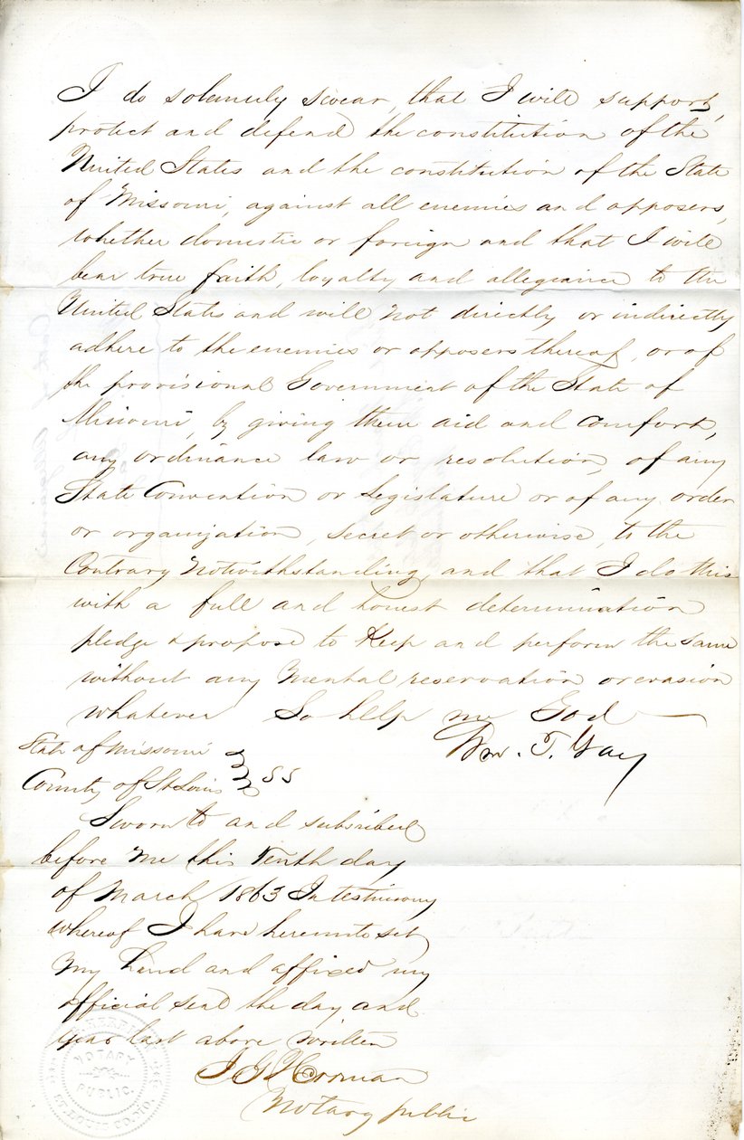 Juramento de lealdade de Wm. T. Gay of Missouri, Condado de St. Louis de W.T. Gay
