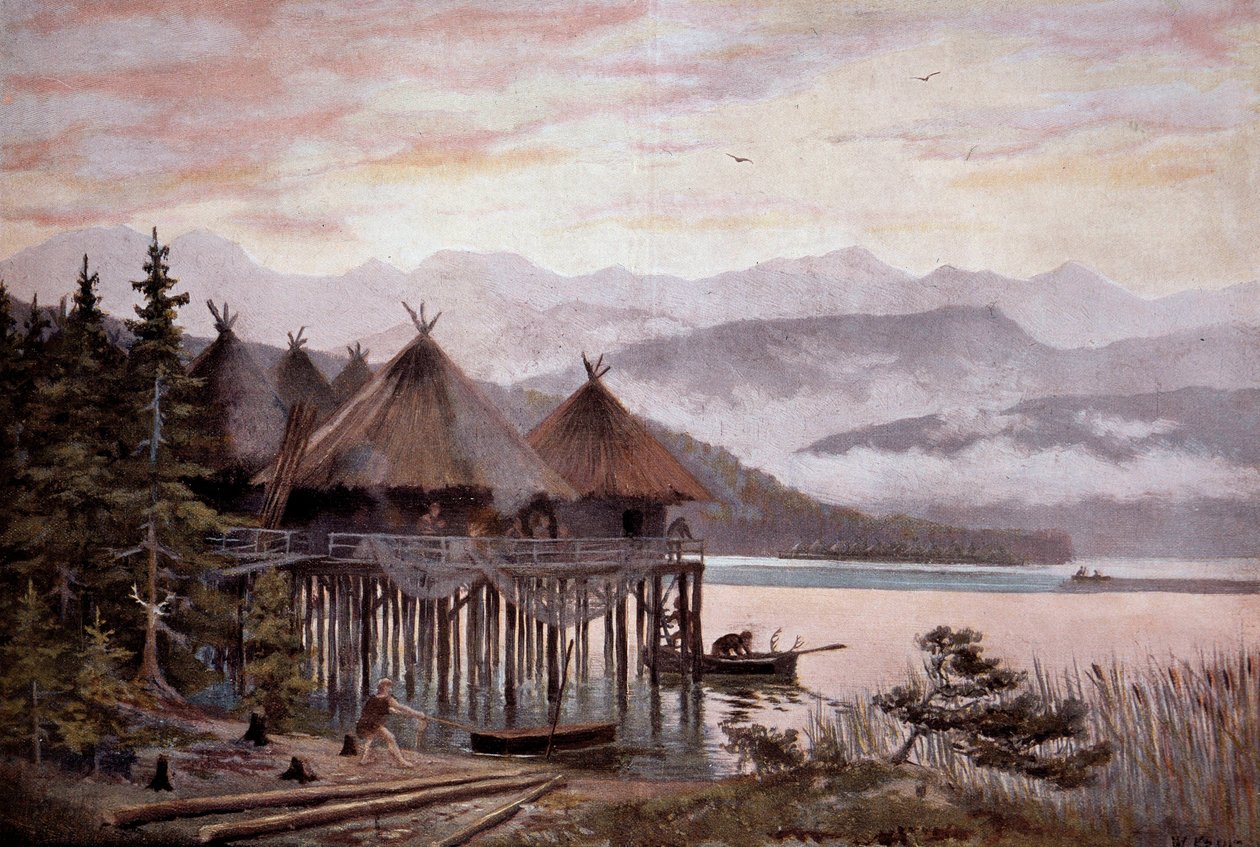 Pré-história: bati de aldeia sobre palafitas nas margens do Lago Zurique, na era de Pierre. Aldeia do lago, cidade do lago pré-histórico. De uma pintura de W. Kranz do século XX. de W. (after) Kranz
