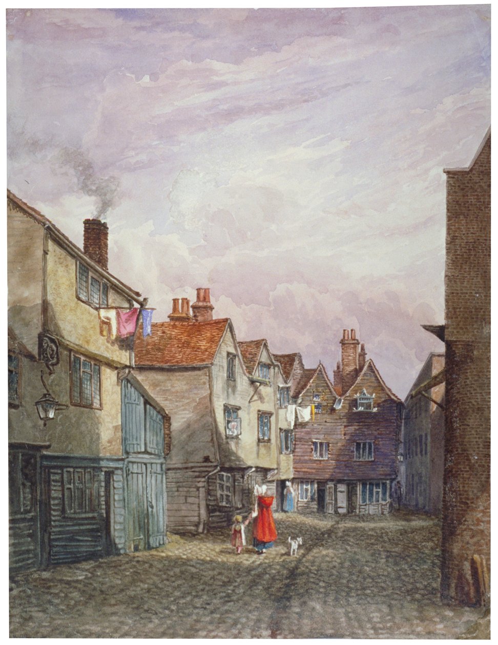 Vista de uma mulher e uma criança caminhando pela Crown Court, Bermondsey, Londres, c1825 de W Barker