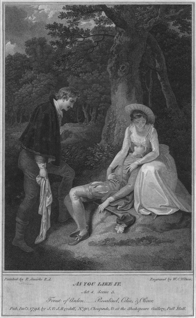 Como você gosta. Ato 4. Cena 3. Forest of Arden, - Rosalind, Celia e Oliver, 1798. de W. C. Wilson