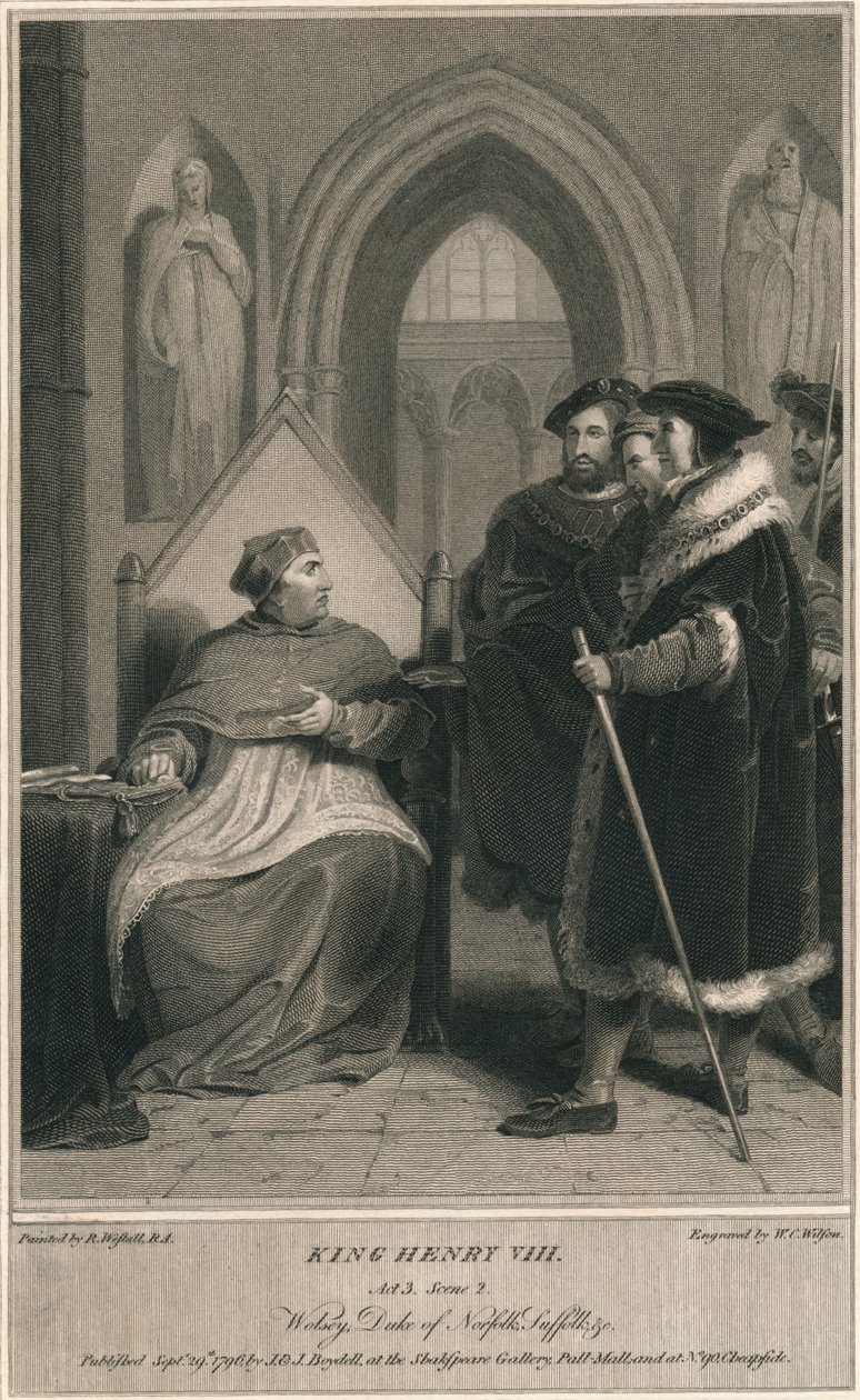 Rei Henrique VIII. Ato 3. Cena 2. Wolsey, Duque de Norfolk, Suffolk & c, 1796. de W. C. Wilson
