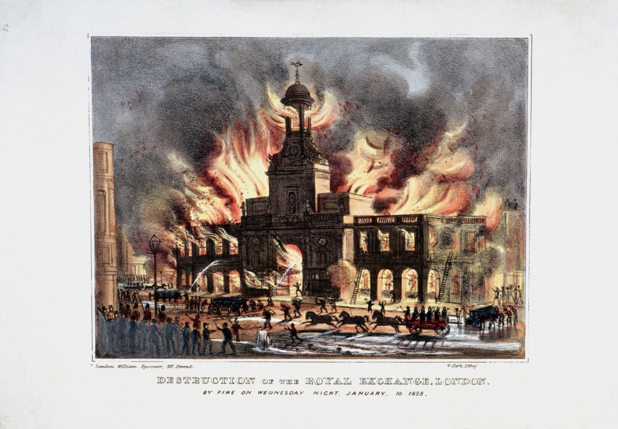 "Destruction of the Royal Exchange" 2º incêndio, Londres, 1838 de W Clerk