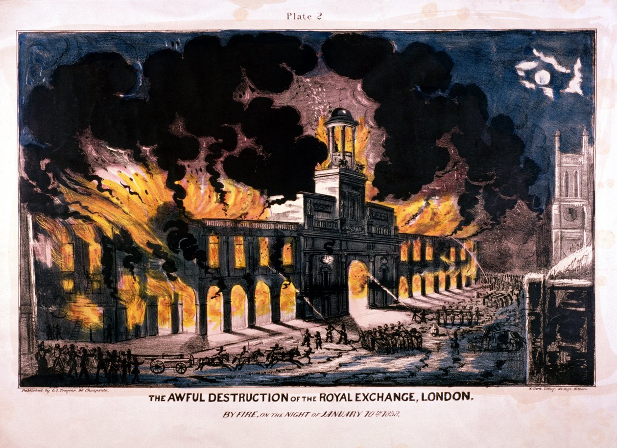 A terrível destruição do Royal Exchange 2º incêndio, Londres, 1838 de W Clerk