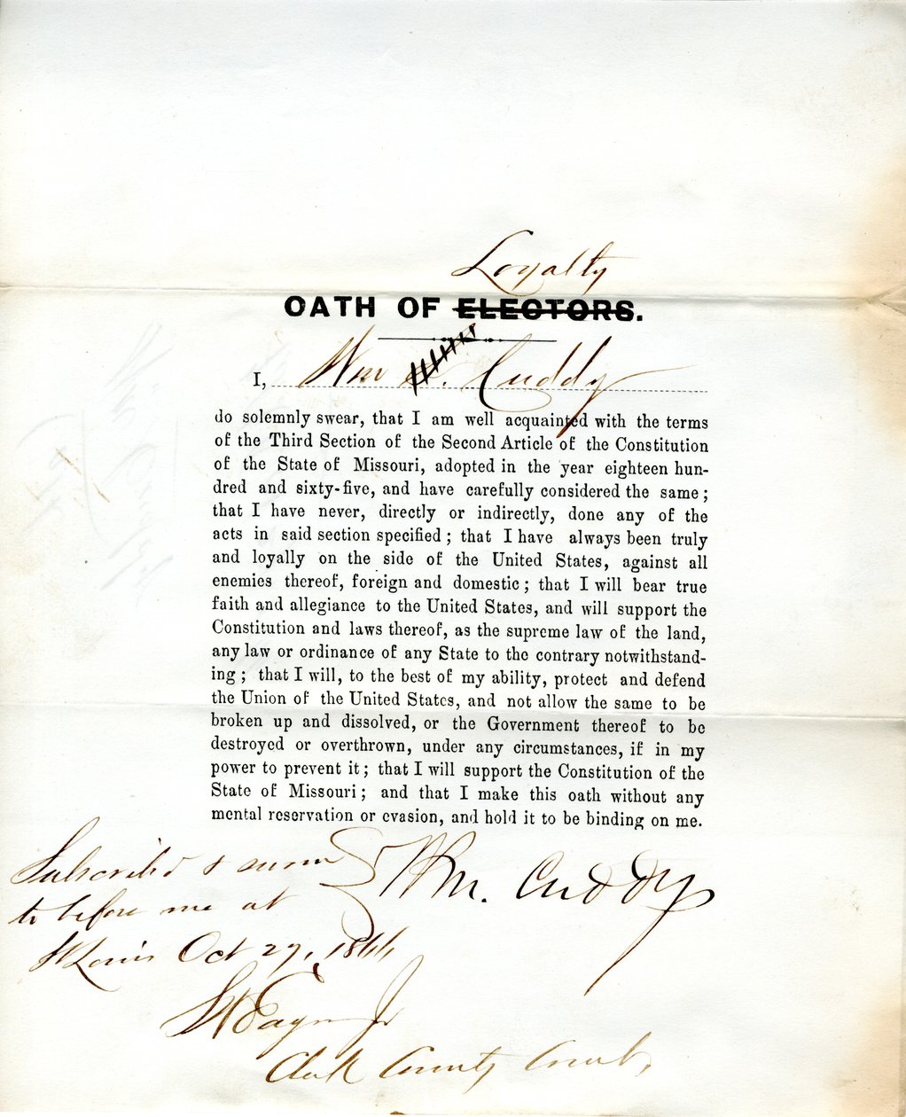 Juramento de lealdade de Wm. Cuddy do Missouri, Condado de St. Louis de W. Cuddy