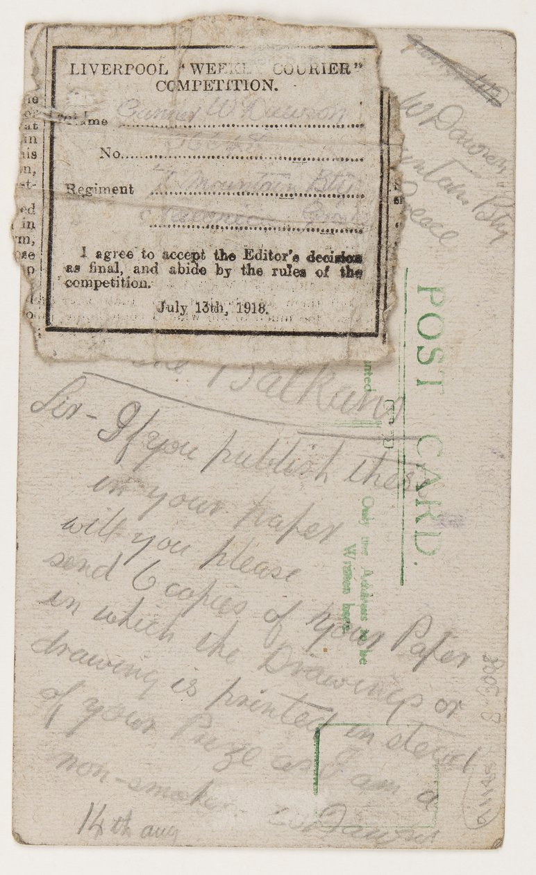 Postal para o editor do Liverpool Weekly Courier, 14 de agosto de 1918 (lápis em cartão postal) de W. Dawson