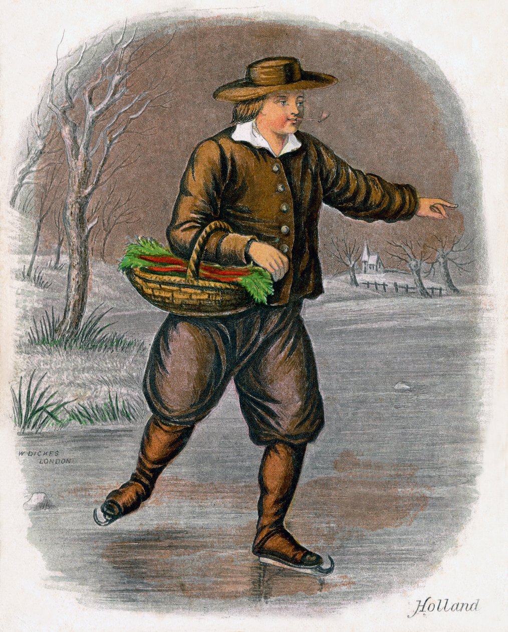 Homem holandês patinando com uma cesta de vegetais, 1809. de W. Dickes