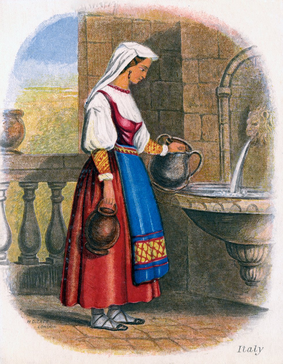Mulher italiana coletando água, 1809. de W. Dickes