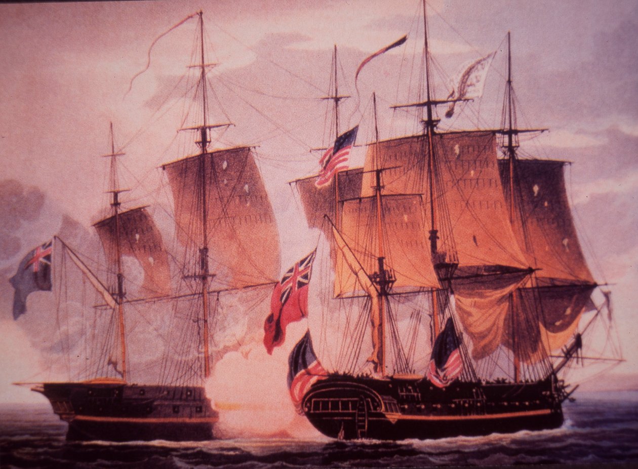 HMS Shannon e USS Chesapeake (cor litho) de John Ward Dunsmore