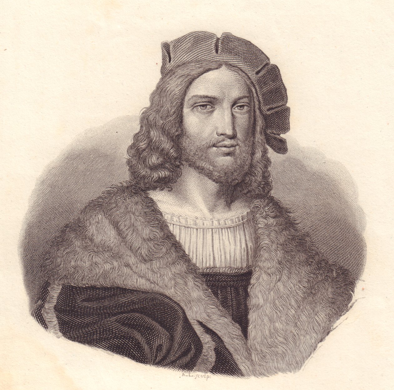 Retrato do poeta italiano Antonio Tebaldeo (1463-1537), gravura em cobre de pintura de Rafael de John Ward Dunsmore