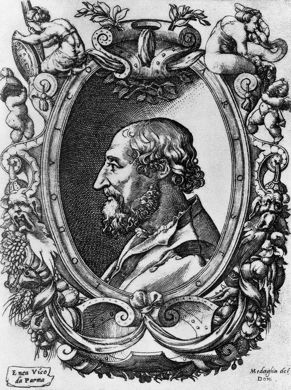 Retrato de Ludovico Ariosto (1474-1533), poeta e dramaturgo italiano, Medaglie del Doni, gravura de Enea Vico (1523-1567) de John Ward Dunsmore