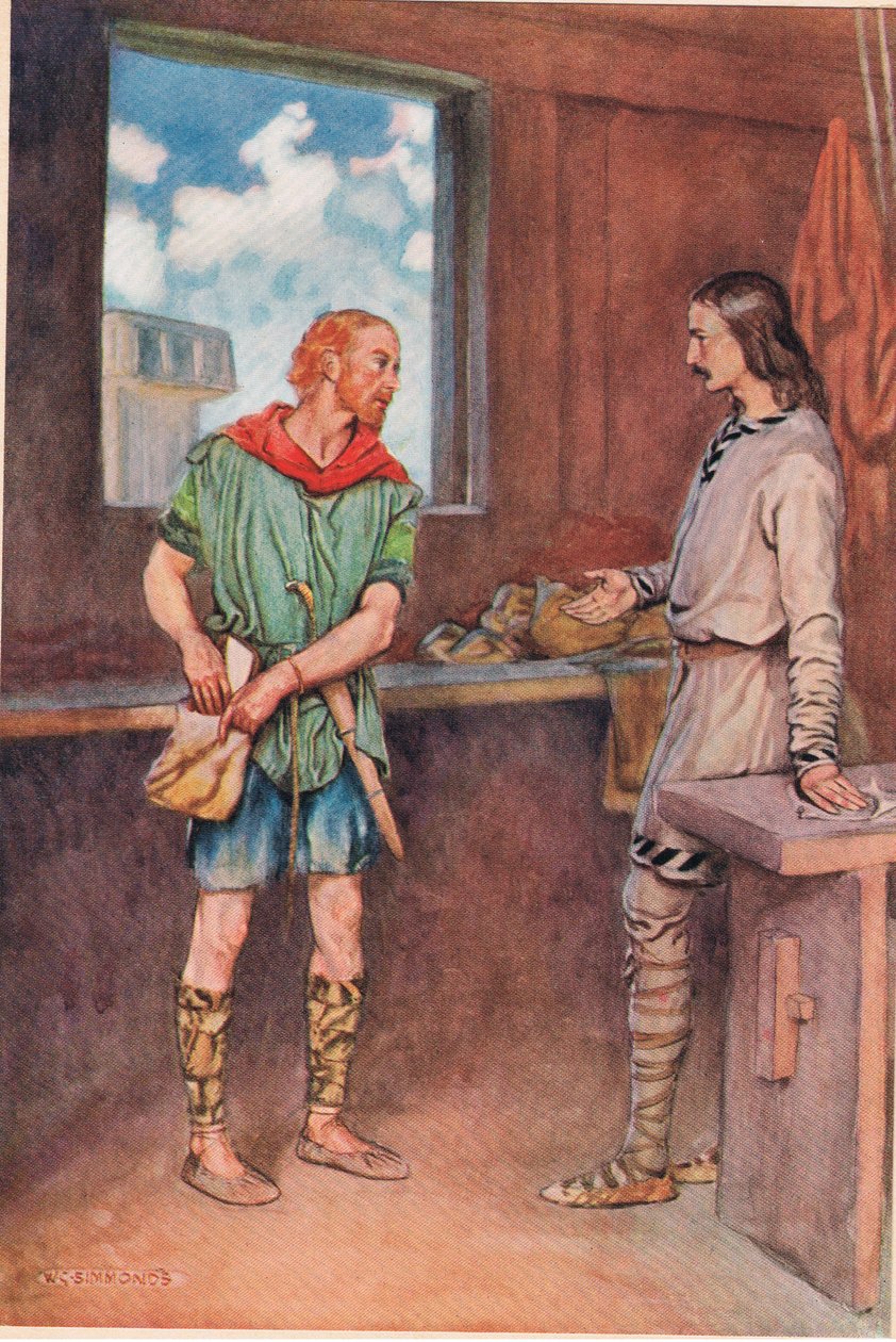 Um marinheiro dá a Horatio uma carta de Hamlet, de &39;Hamlet&39; de William Shakespeare, edição publicada por Hodder und Stoughton em 1915 de W. G. Simmonds
