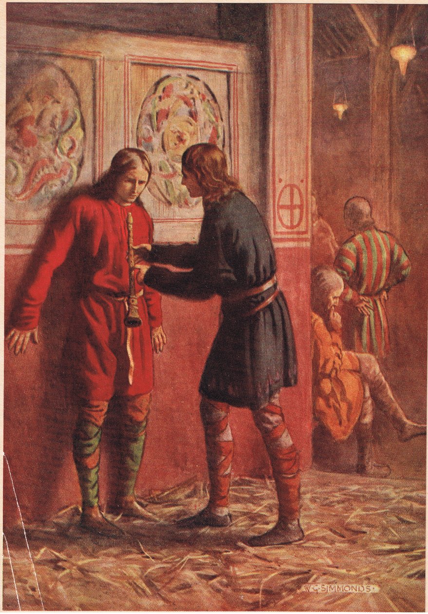 Hamlet tenta fazer Guildenstern tocar um cano, de &39;Hamlet&39; de William Shakespeare, edição publicada pela Hodder und Stoughton em 1915 de W. G. Simmonds