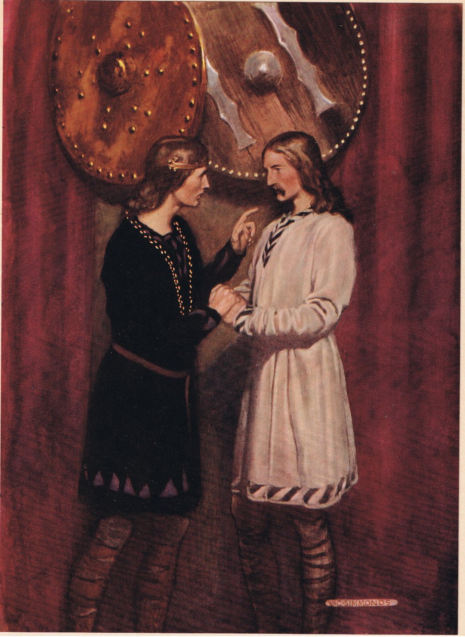 Hamlet fala com Horatio, de &39;Hamlet&39; de William Shakespeare, edição publicada por Hodder und Stoughton em 1915 de W. G. Simmonds