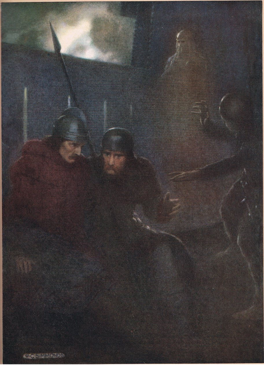 O fantasma do pai de Hamlet aparece, de &39;Hamlet&39; por William Shakespeare, edição publicada por Hodder und Stoughton em 1915 de W. G. Simmonds