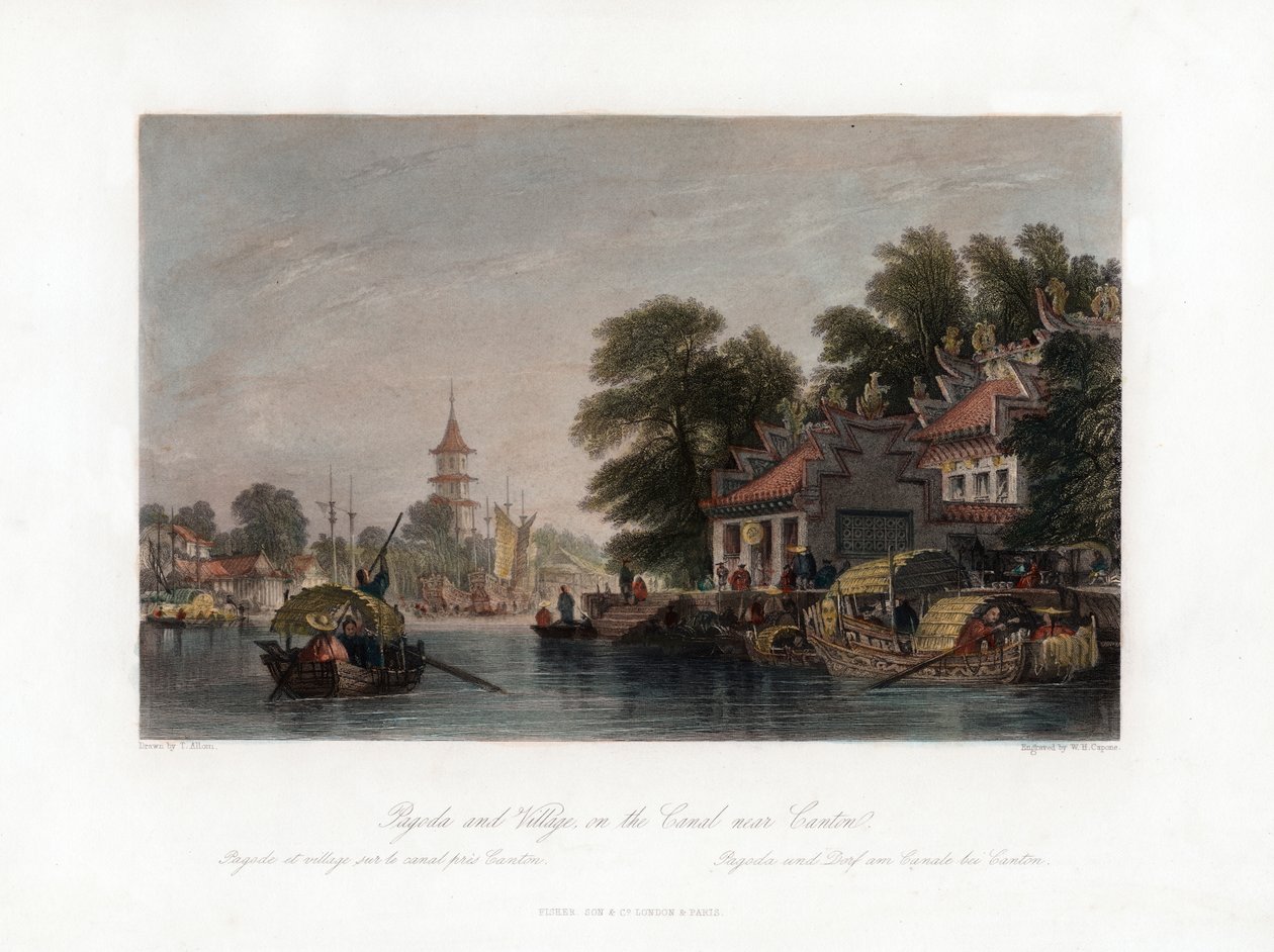 Pagode e vila, no canal perto de Canton, China, c1840. de W. H. Capone
