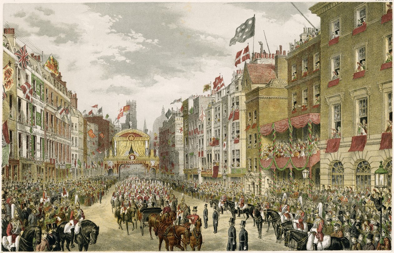 Procession on the Strand, Temple Bar, Strand, Londres, Reino Unido (gravura a cores) de W. H. Russell