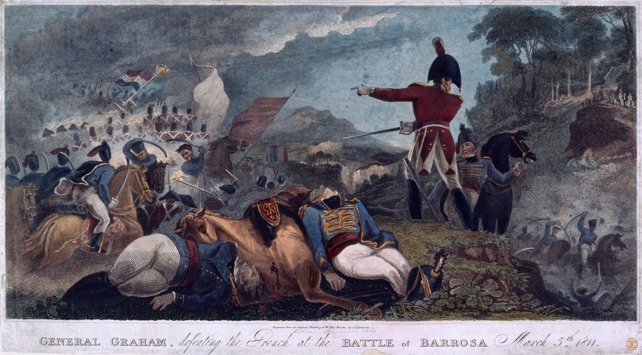 General Graham derrotando os franceses na batalha de Barrosa, gravada por J. Edwards, publicada por Almanack Stationers, 1812 de W. Hal Brooke