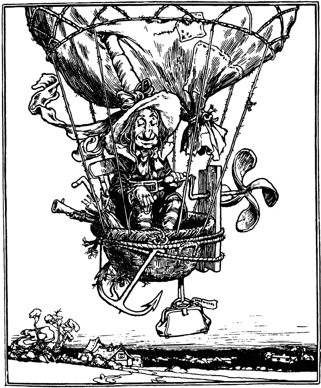 Ilustração do livro infantil As aventuras do tio Lubin, 1902. de William Heath Robinson