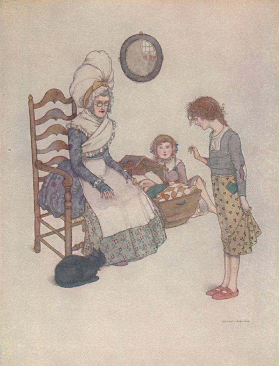 Ela sentou-se um dia e fez de alguns pedaços de pano vermelho um par de sapatinhos, c1930 de William Heath Robinson