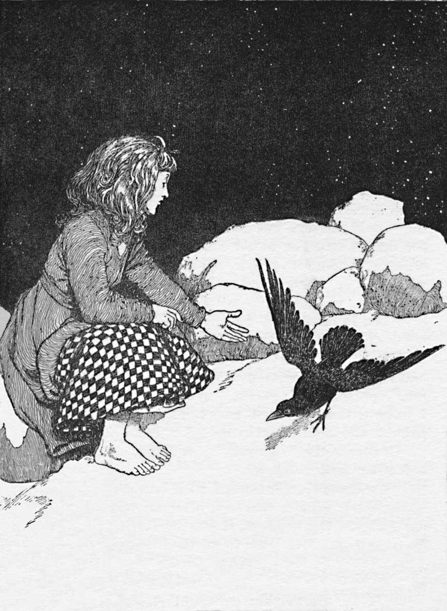 De repente, um grande corvo pulou na neve na frente dela, c1930 de William Heath Robinson