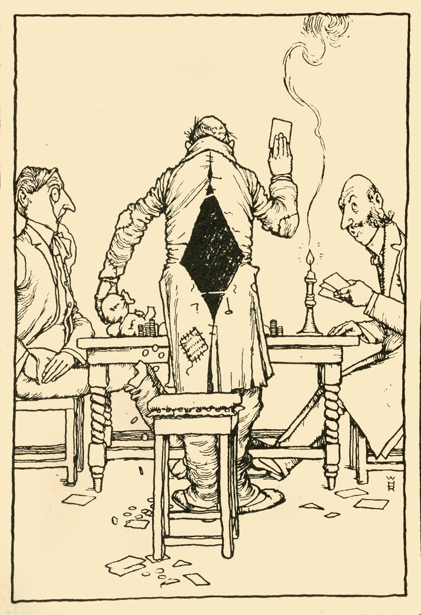 O cartão Wininng no ás de ouros, 1910. de William Heath Robinson