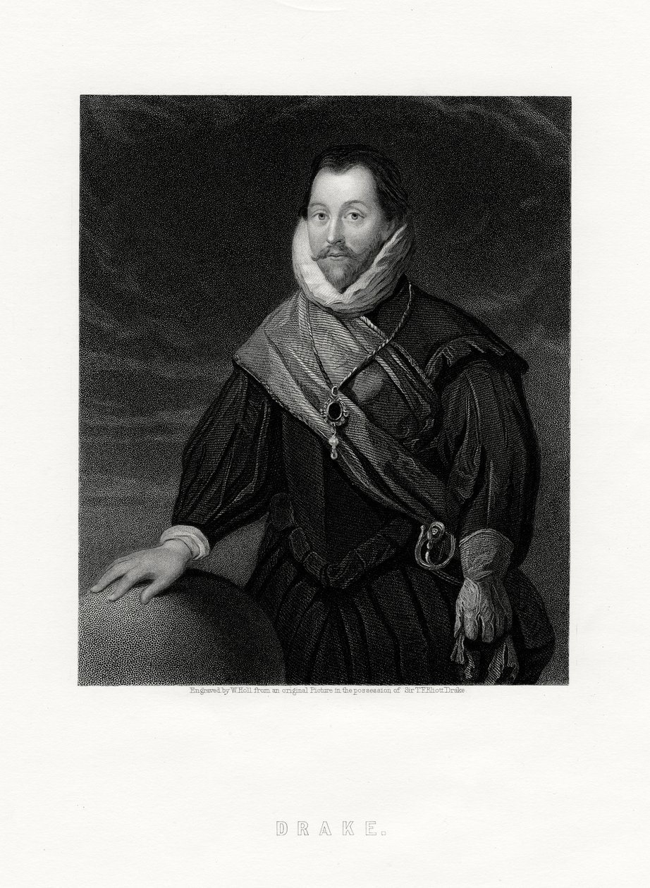 Sir Francis Drake, corsário inglês, navegador, pioneiro naval, político, século XIX de W. Holl