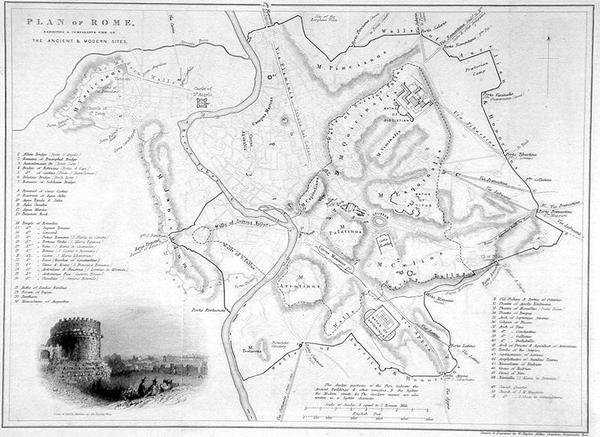 Roma, Itália: Mapa Comparativo de Sites Antigos e Modernos, c.1850 (gravura) de W Hughes