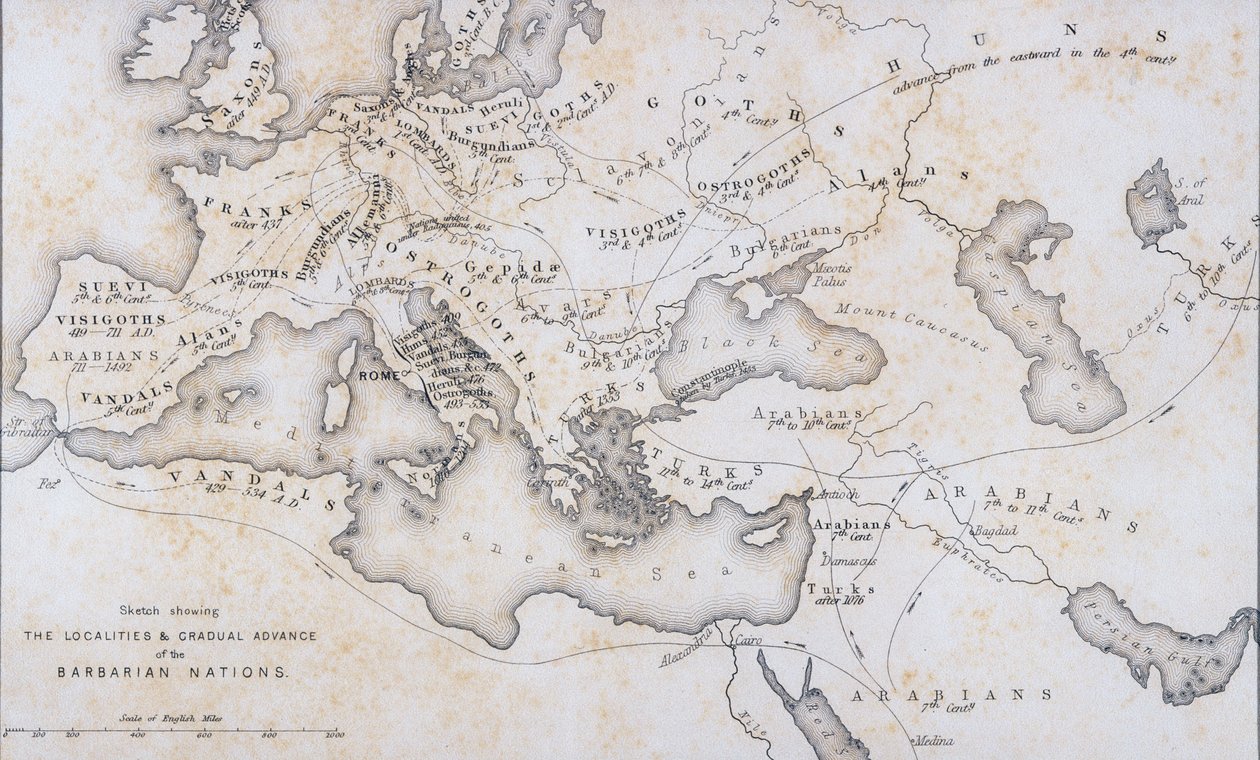 As Localidades e o Avanço Gradual das Nações Bárbaras, c.1850 de W Hughes