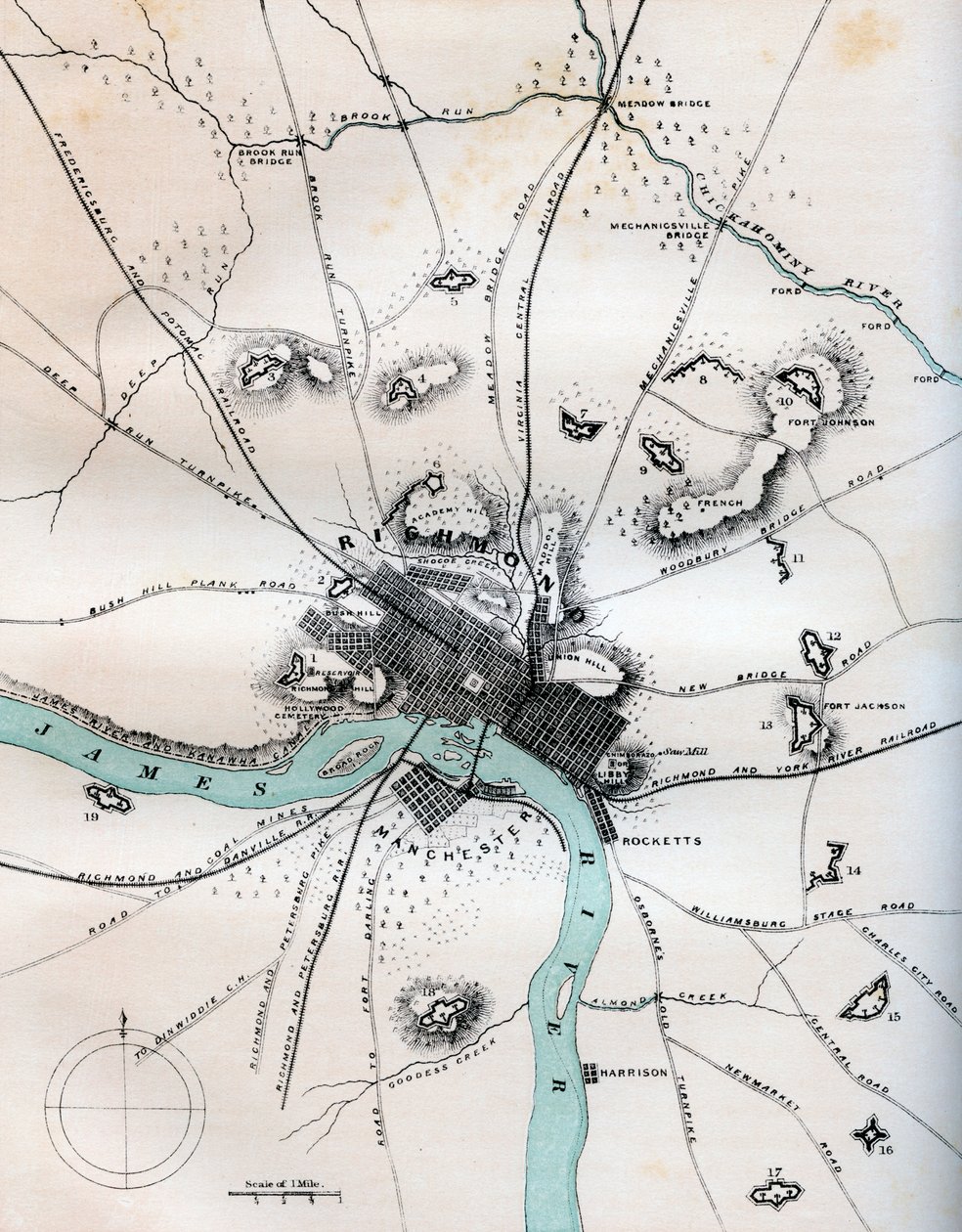 Um mapa de Richmond e seus arredores mostrando todas as baterias, 1862-1867. de W Kemble