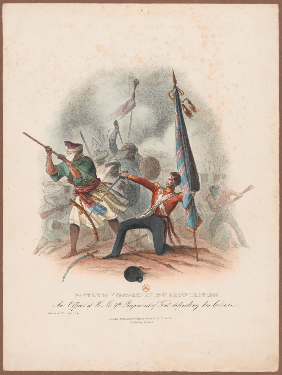  Batalha de Ferozeshah 21 e 22 de dezembro de 1845. Um oficial do HM 9º Regimento Defendendo suas Cores de W. Kohler