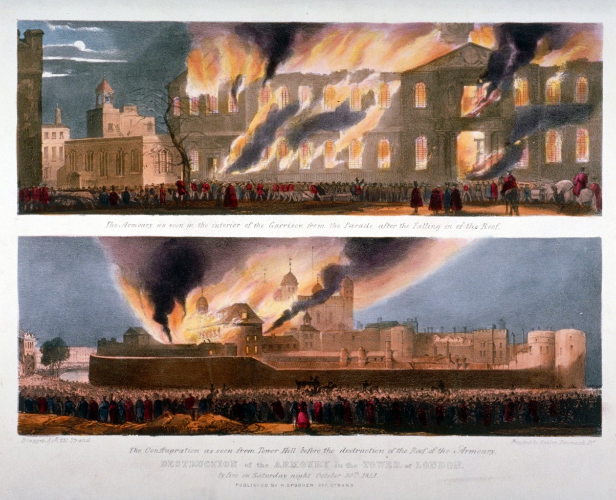 Duas vistas da destruição do Arsenal na Torre de Londres pelo fogo, 30 de outubro de 1841 de W Kohler and Co