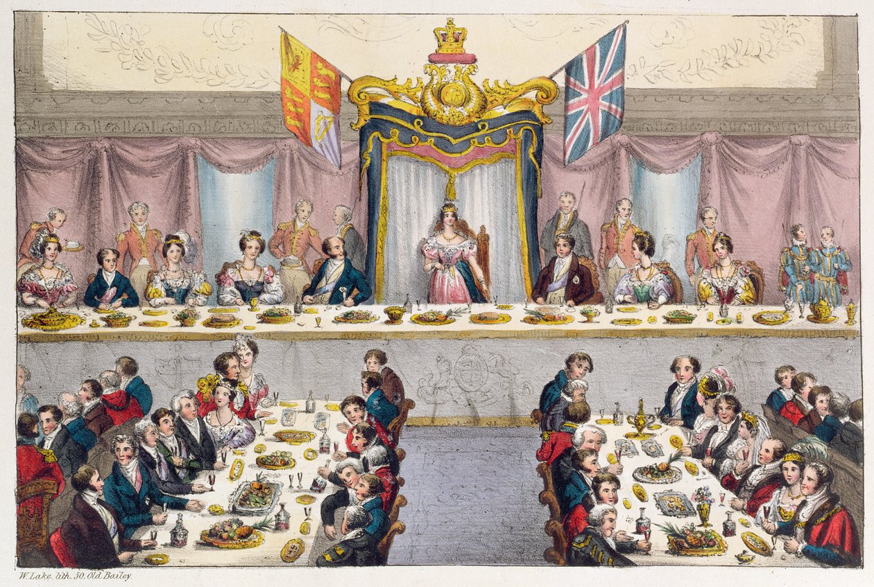 Rainha Vitória (1819-1901) Bebendo a saúde dos cidadãos de Londres no banquete de Guildhall, 1837 de W. Lake
