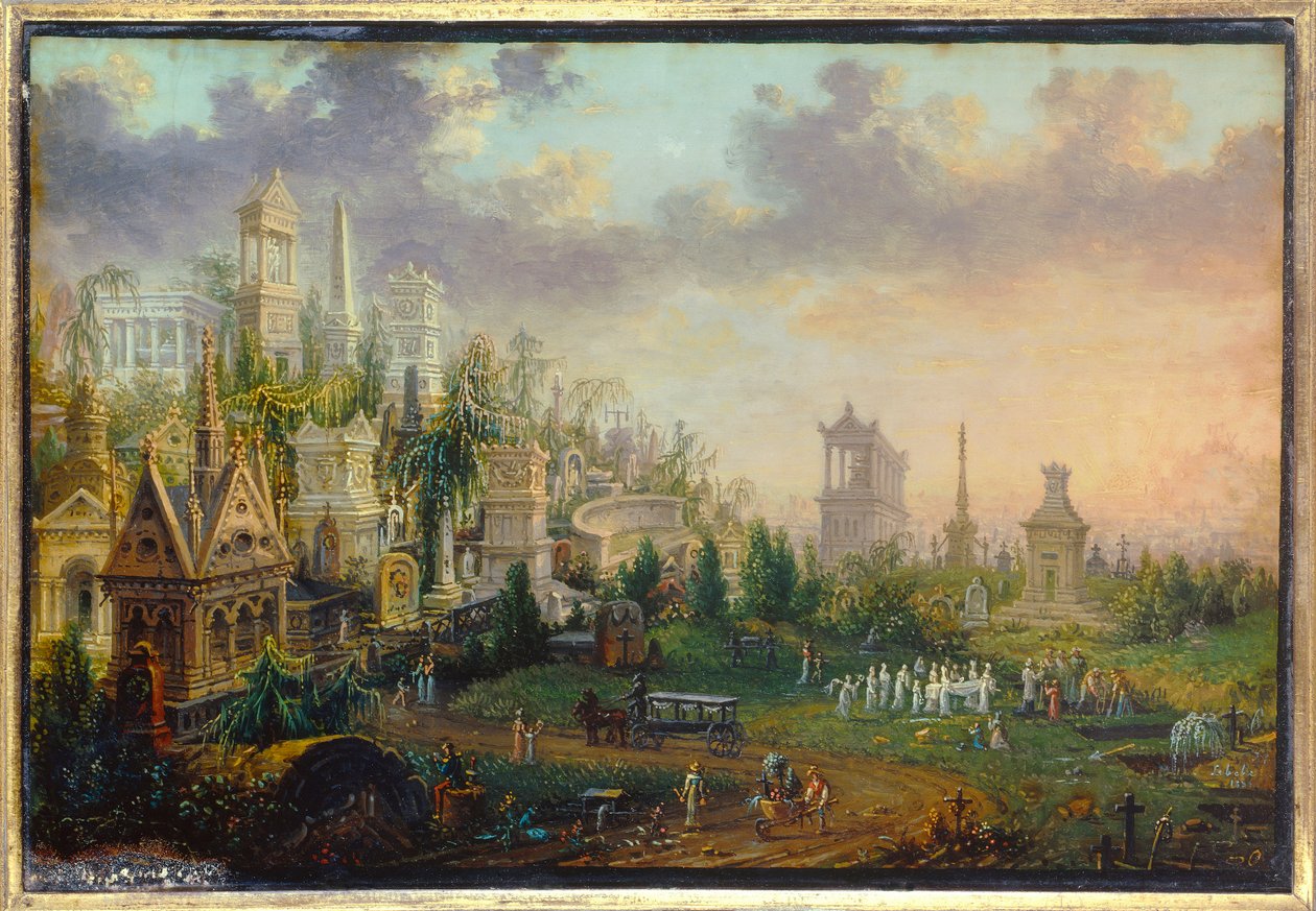 O cemitério Pere lachaise em Paris Pintura de Lebelle (século XIX) 1835 Sol. 0,16x0,12 m Paris, Museu Carnavalet de W. Lebelle