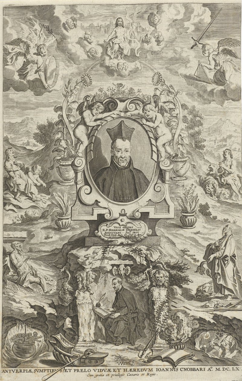 Retrato de Jeremias Drexel
Página de título para: J. Drexel, De sonne-bloeme oft Vande over-een-cominge van den menscheliicken wille met de[n] godtliicke[n], 1660 de W Merel van